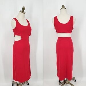 Lulu's Cut Out Midi Dress Bodycon Jersey Stretch Knit Sleeveless Red XL